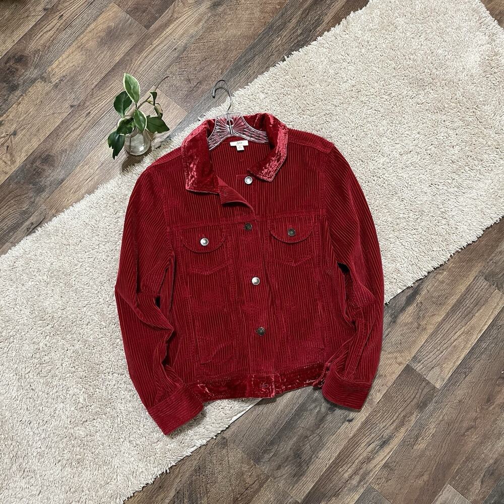 J.Jill Size Small Red Corduroy Velvet Trim Button Front Trucker Jacket